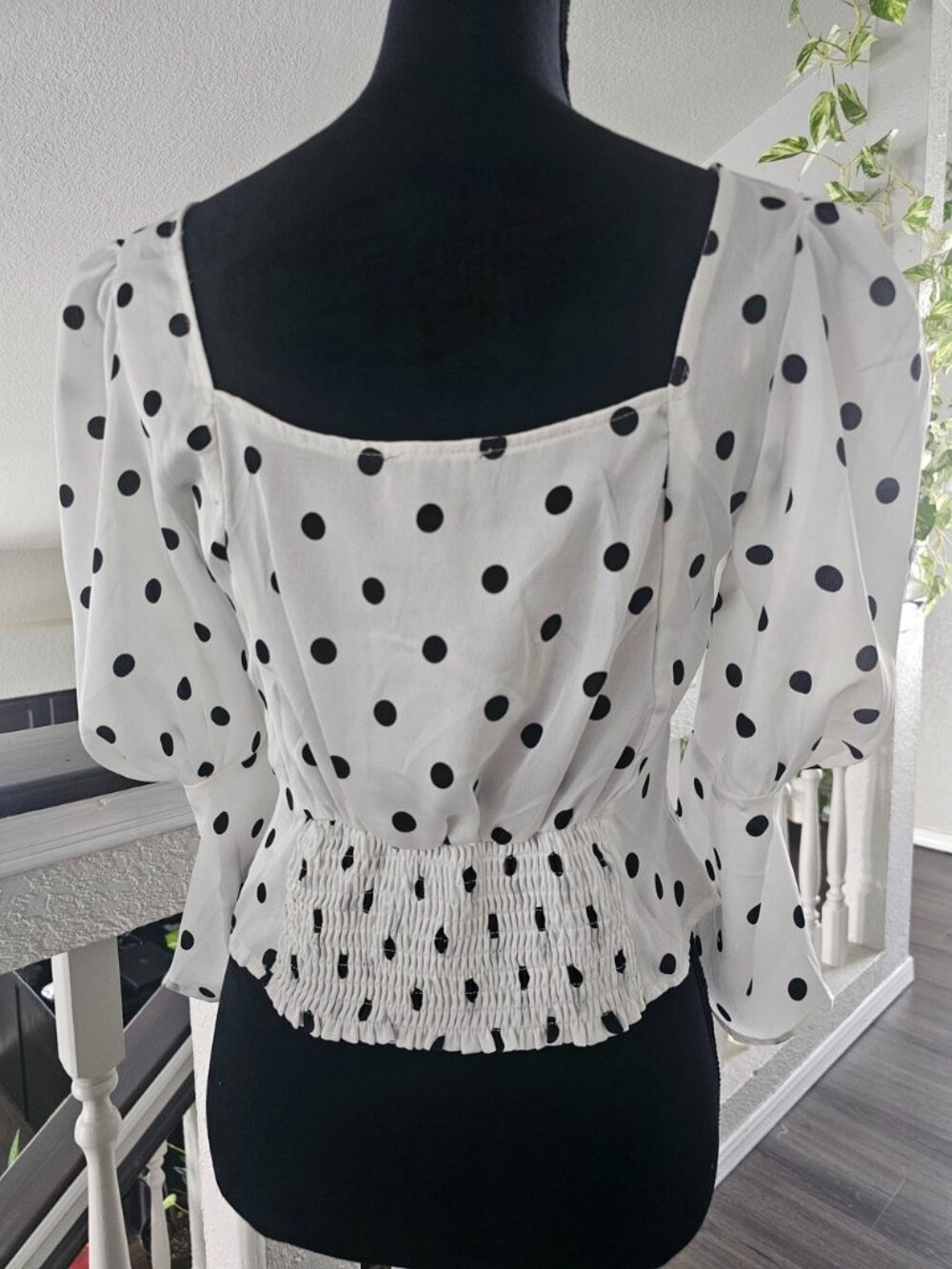 Size S Polka Dot Puff Sleeve Square Neck Blouse - White/Black. - Picture 4 of 10